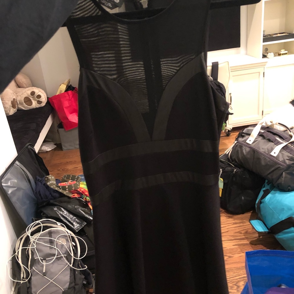 Bebe Mesh and Leather Black Skater Dress